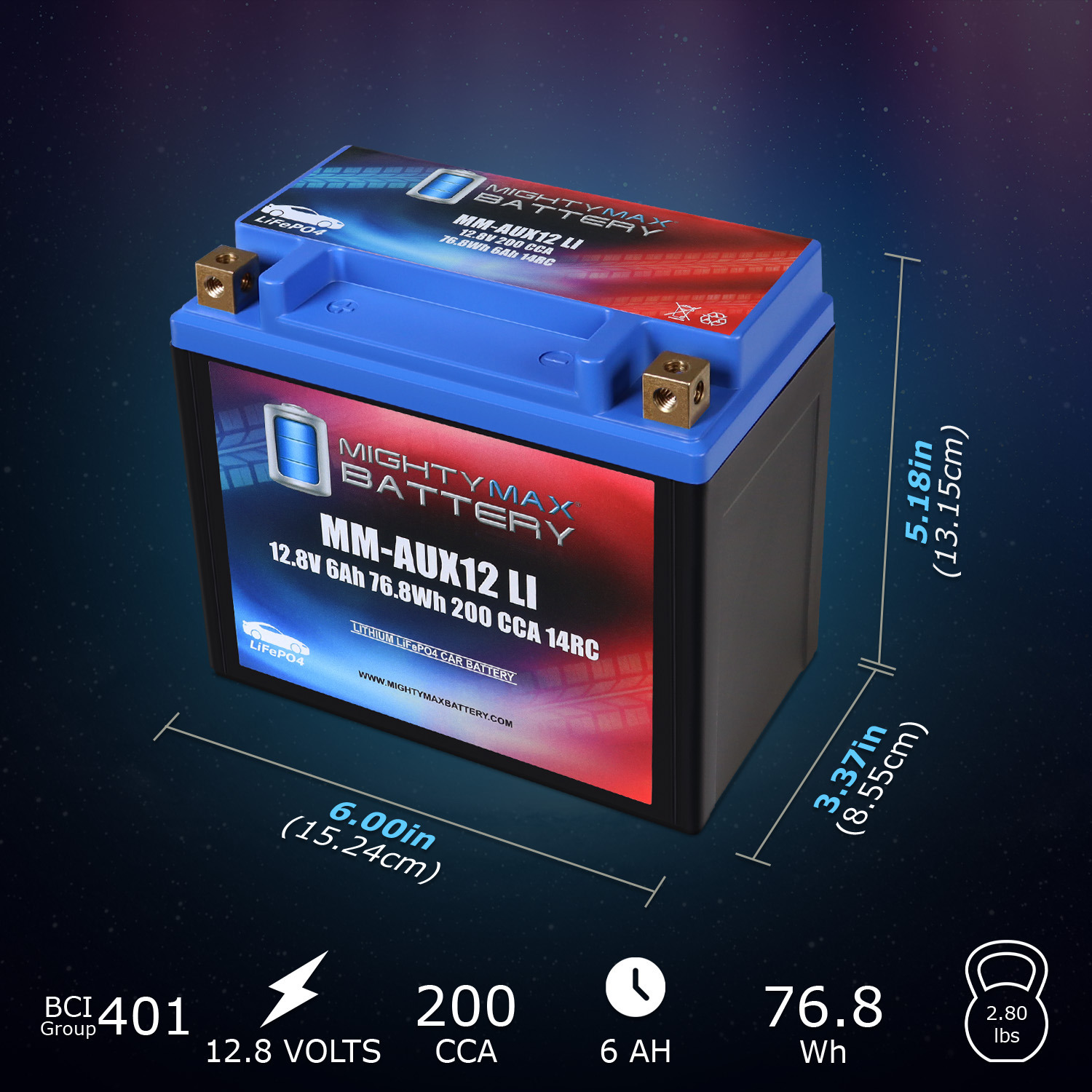 MM-AUX12LI Auxiliary Car Lithium Battery LiFePO4 12.8V 6Ah 200 CCA 14RC Lightweight, Rechargeable, Built-in BMS Protection, Long Cycle Life MM-AUX12LI Auxiliary Car Lithium Battery LiFePO4 12.8V 6Ah 200 CCA 14RC Lightweight, Rechargeable, Built-in BMS Protection, Long Cycle Life