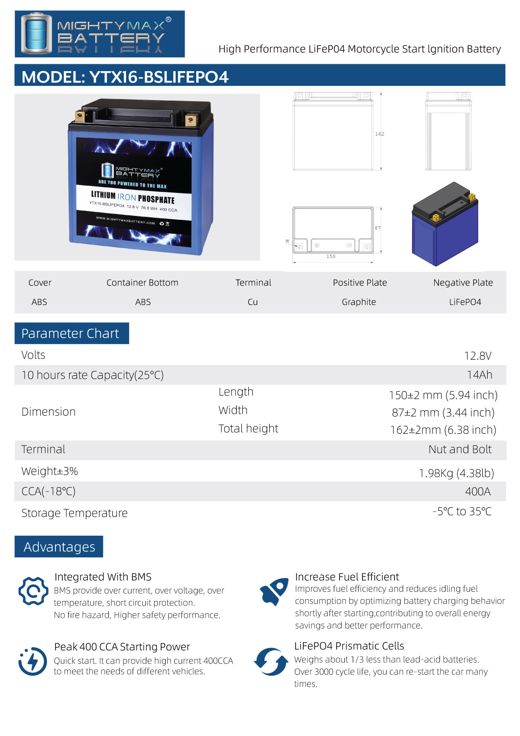 Mighty Max Battery YTX16-BS LIFEPO4 – 12 Volt 14 AH, 400 CCA, Lithium Iron Phosphate (LiFePO4) Battery Mighty Max Battery YTX16-BS LIFEPO4 - 12 Volt 14 AH, 400 CCA, Lithium Iron Phosphate (LiFePO4) Battery
