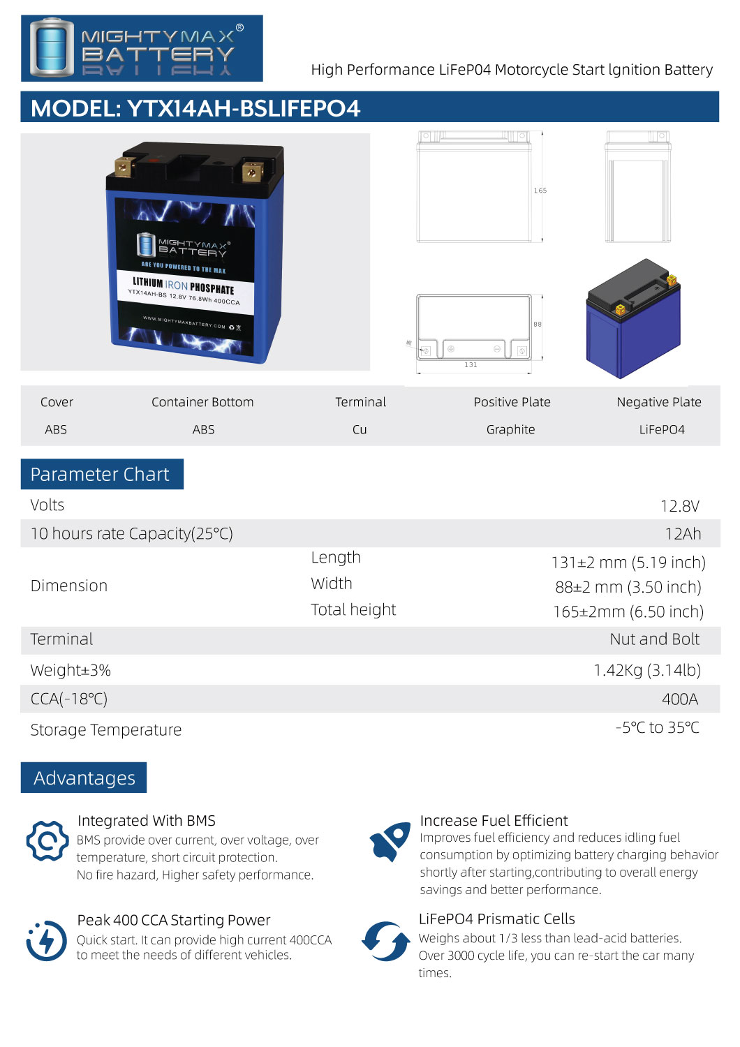 YTX14AH-BS LIFEPO4 – 12 Volt 12 AH, 400 CCA, Lithium Iron Phosphate (LiFePO4) Battery YTX14AH-BS LIFEPO4 - 12 Volt 12 AH, 400 CCA, Lithium Iron Phosphate (LiFePO4) Battery