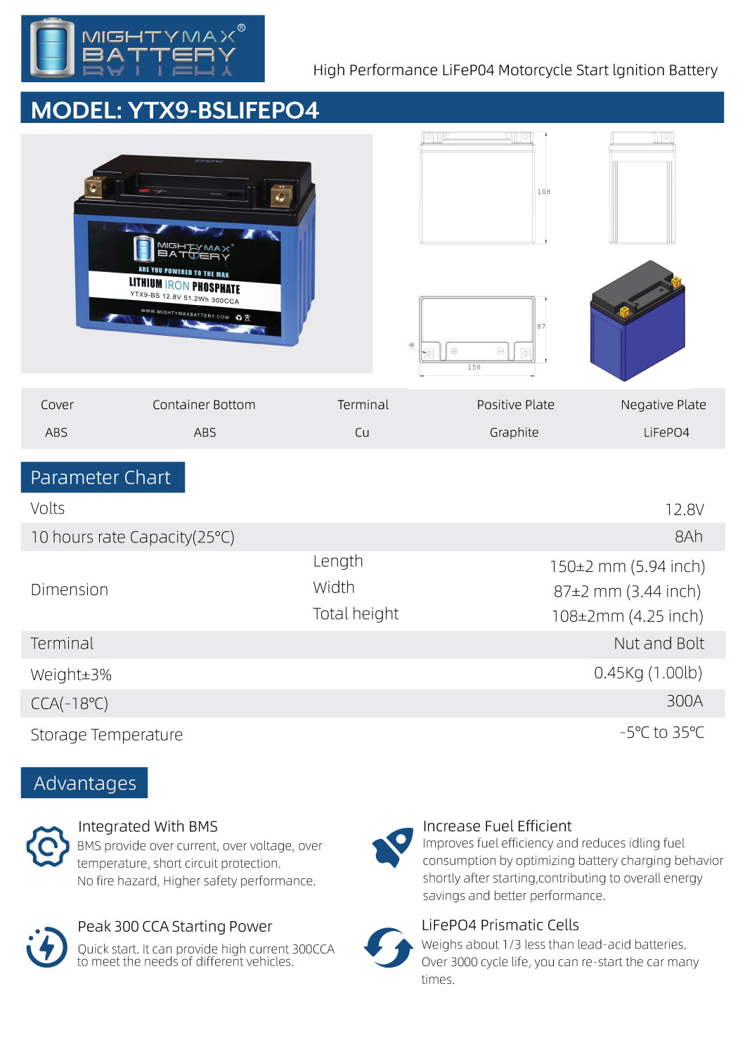 YTX9-BS Lithium Replacement Battery Compatible with ES9BS, MBTX9U-BS YTX9-BS LIFEPO4 - 12 Volt 8 AH, 300 CCA, Lithium Iron Phosphate (LiFePO4) Battery