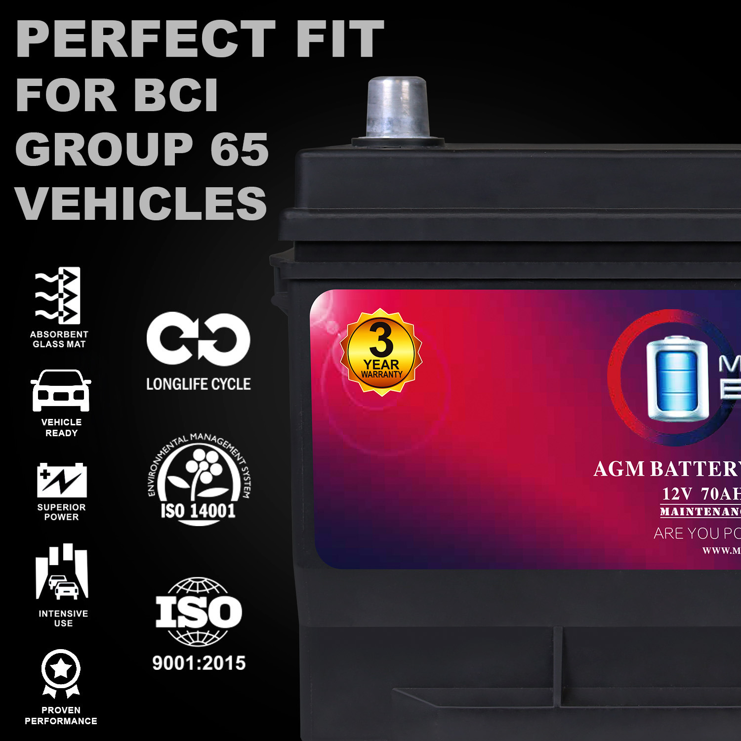 MM-G65 Start and Stop Car BCI Group Size 65 12V 70Ah, 120RC, 750 CCA Rechargeable AGM Car battery MM-G65 Start and Stop Car BCI Group Size 65 12V 70Ah, 120RC, 750 CCA Rechargeable AGM Car battery